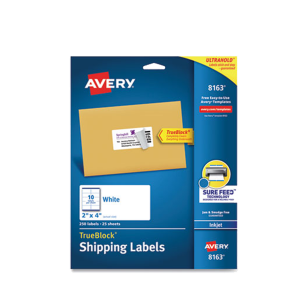 Avery AVE8163  Shipping Labels TrueBlock Technology Inkjet Printers 2 x 4 White 10/Sheet 25 Sheets/Pack