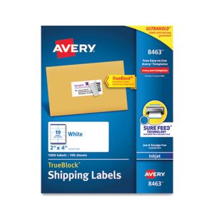 Avery  AVE8463  Shipping Labels TrueBlock Technology  Inkjet Printers 2 x 4 White 10/Sheet 100 Sheets/Box