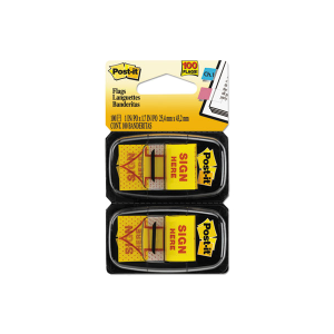 3M MMM680SH2 Arrow Message 1" Page Flags, "Sign Here", Yellow, 2 50-Flag Dispensers/Pack