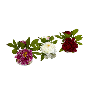 Nearly Natural 4789 Peony W/Glass Vase Set Of 3