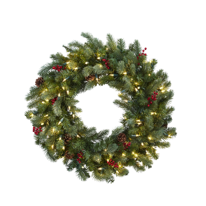 Nearly Natural 4860 30 Inch Lighted Pine Wreath W/Berries & Pine Cones