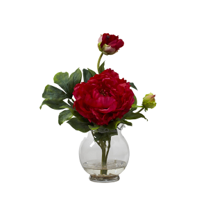 Nearly Natural 1278-RD Peony With Fluted Vase Silk Flower Arrangement