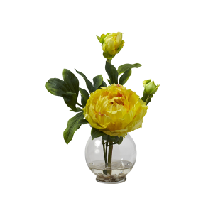 Nearly Natural 1278-YL Yellow Peony With Fluted Vase Silk Flower Arrangement