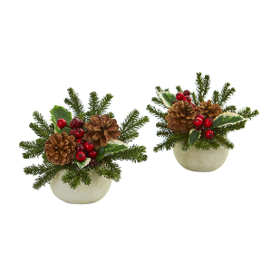 Nearly Natural 1668-S2 Christmas Inspired Artificial Arrangement In Ceramic Vase Set of 2