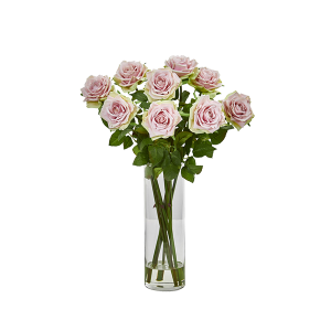 Nearly Natural 1798-LP Light Pink Rose Artificial Arrangement In Cylinder Vase
