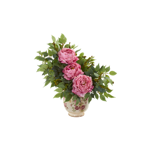 Nearly Natural 1843-PK Peony And Mixed Greens Artificial Arrangement In Vase