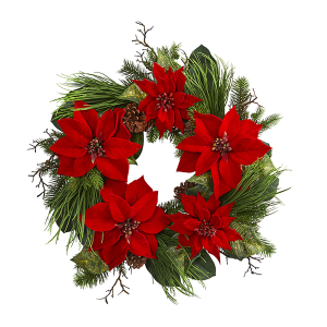 Nearly Natural 4203 28 Inch Poinsettia And Pine Wreath