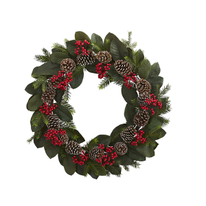 Nearly Natural 4271 30 Inch Magnolia Leaf Berry Pine And Pine Cone Artificial Wreath