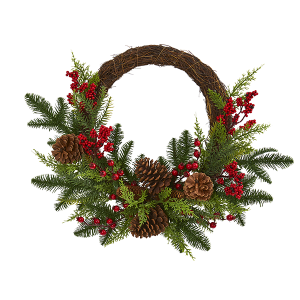 Nearly Natural 4360 22 Inch Mixed Pine And Cedar With Berries And Pine Cones Artificial Wreath