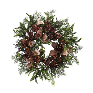 Nearly Natural 4888 24 Inch Pine Cone Wreath With Burlap Bows