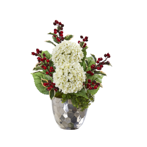 Nearly Natural A1086 19” Hydrangea And Holly Berry Artificial Arrangement In Silver Bowl