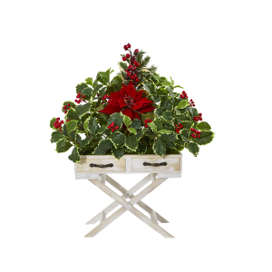 Nearly Natural A1102 26” Poinsettia And Holly Berry Artificial Arrangement In Drawer Planter