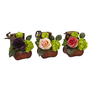 Nearly Naturals 1469-S3 Rose And Mini Green In Chest Set of 3