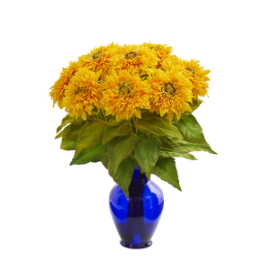 Nearly Naturals 1656-YL Sunflower Artificial Arrangement In Blue Vase