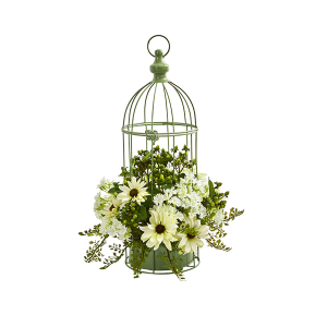 Nearly Naturals 1695-CR Cream Daisy Artificial Arrangement In Decorative Bird Cage