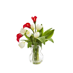 Nearly Naturals 1726-RW Red White Calla Lily And Tulips Artificial Arrangement In Decorative Vase