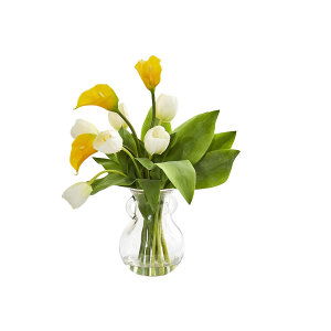 Nearly Naturals 1726-YC Yellow Cream Calla Lily And Tulips Artificial Arrangement In Decorative Vase
