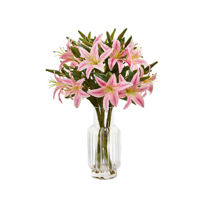 Nearly Naturals 1868-PK Pink Lilly Artificial Arrangement In Glass Vase