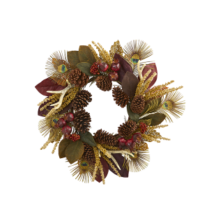 Nearly Naturals 4276 27 Inch Magnolia Leaf Berry Antler And Peacock Feather Artificial Wreath