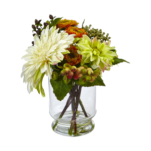 Nearly Naturals 4588 Mixed Dahlia And Mum With Glass Vase