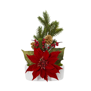 Nearly Naturals A1071 Poinsettia Berry And Pine Artificial Arrangement In White Vase