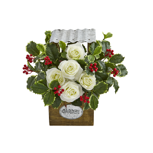 Nearly Naturals A1088 14 Inch Rose And Variegated Holly Leaf Artificial Arrangement In Tin Roof Planter