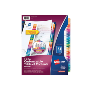 Avery AVE11129  Customizable TOC Ready Index Multicolor Dividers 31-Tab Letter