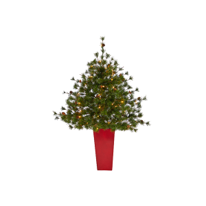 Nearly Natural T2339-RD 44 inches Colorado Mountain Pine Artificial Christmas Tree With 50 Clear Lights 171 Bendable Branches And Pine Cones In Planter